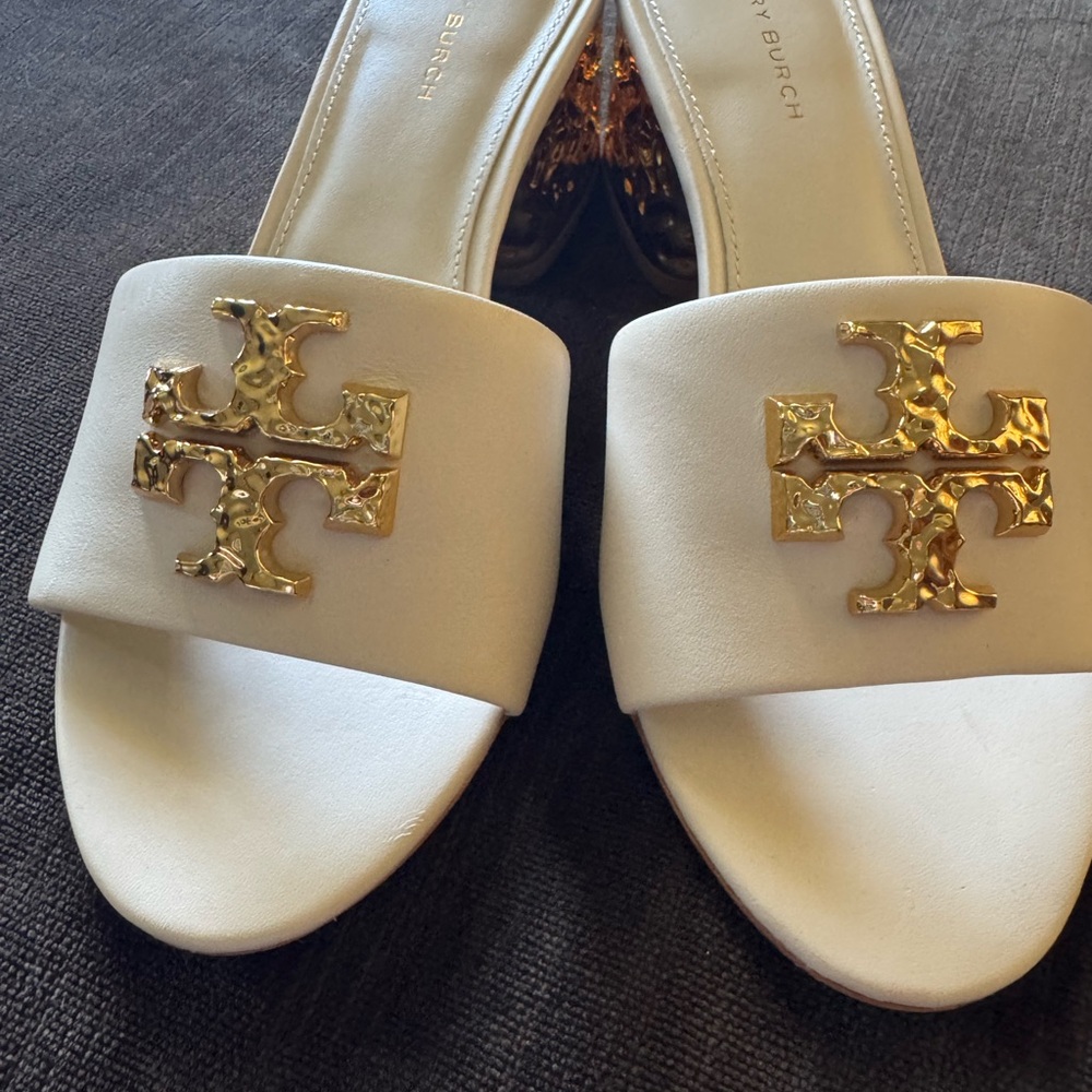 Tory Burch White and Gold Slide Sandals